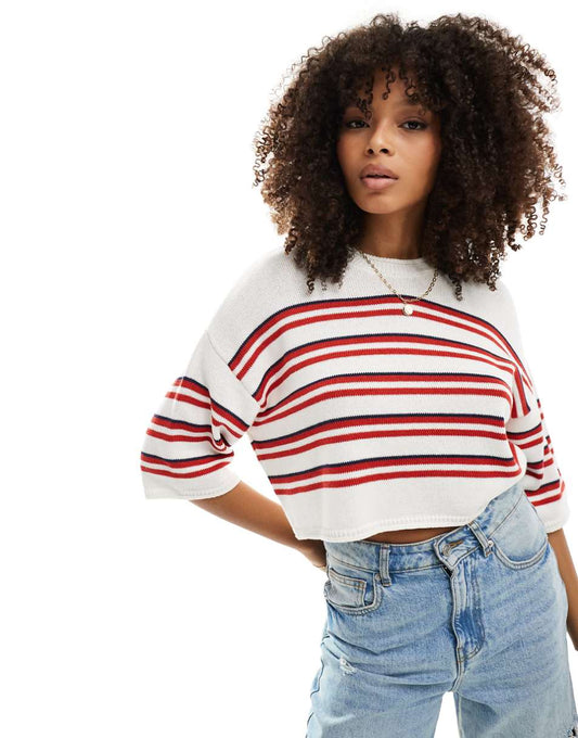 ASOS DESIGN knit short sleeve sweater in red stripe