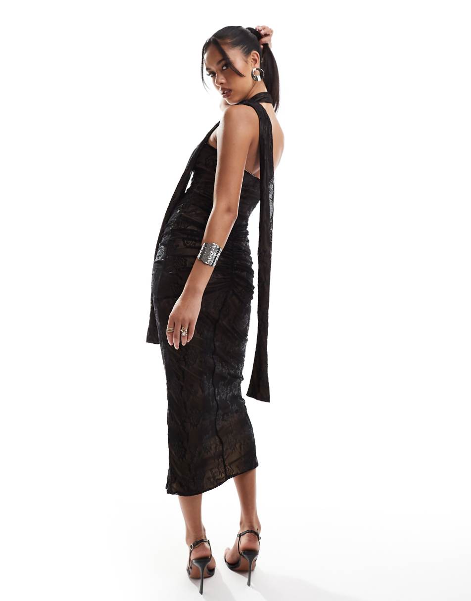 ASOS DESIGN jacquard power mesh maxi dress with ruching and ruffle detail in black