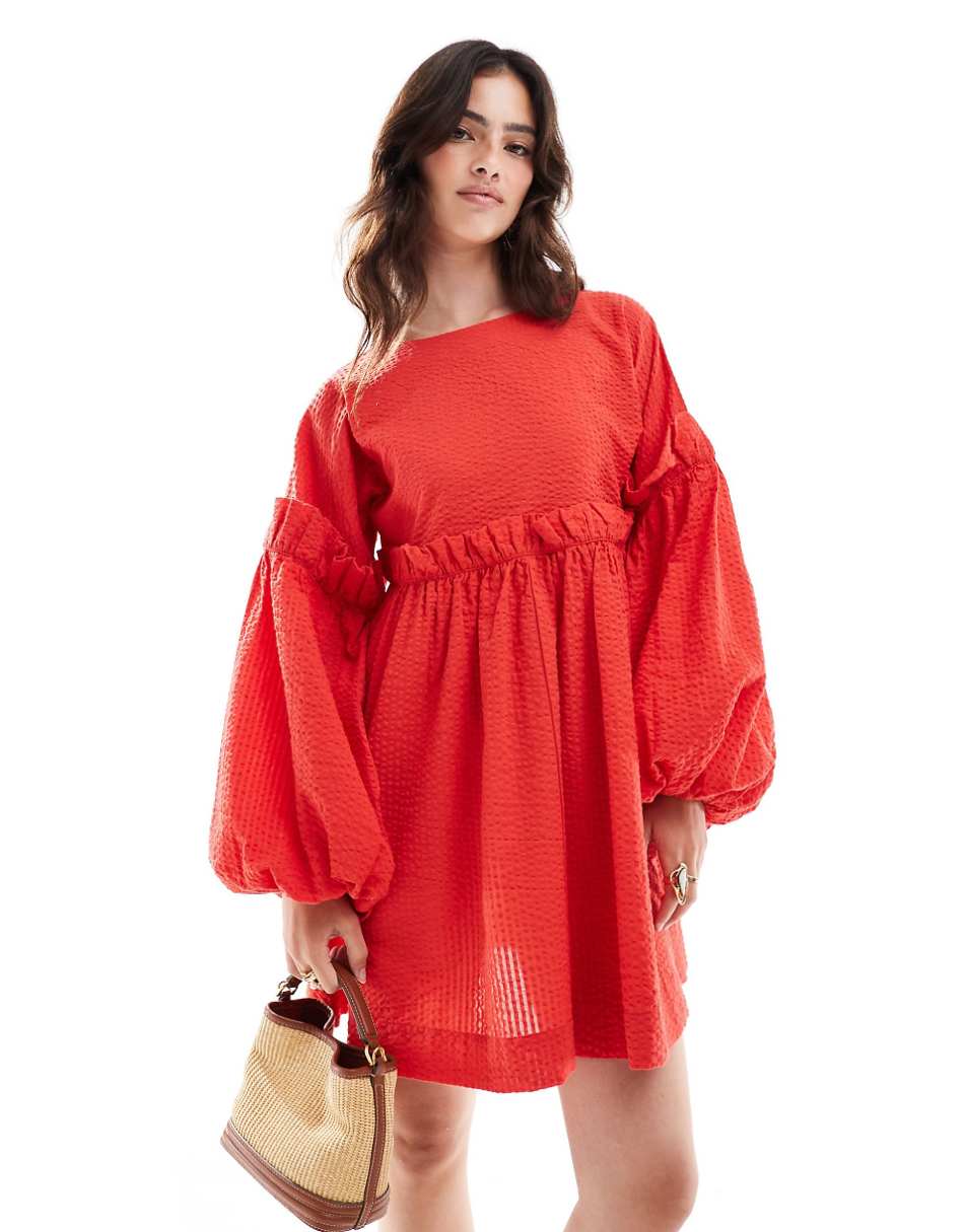 ASOS DESIGN jumbo ruffle mini textured dress in cherry red