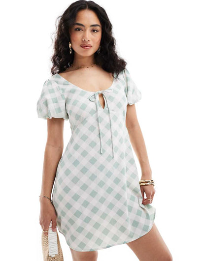 ASOS DESIGN puff sleeve mini tea dress in mint gingham