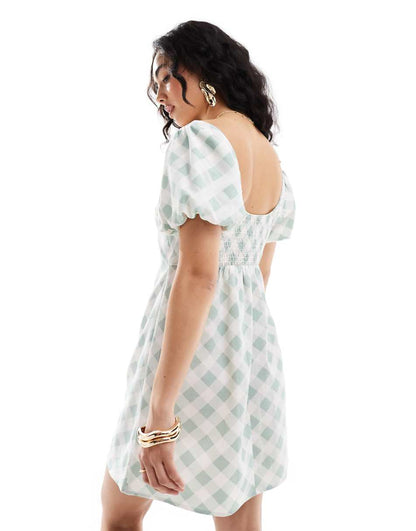 ASOS DESIGN puff sleeve mini tea dress in mint gingham