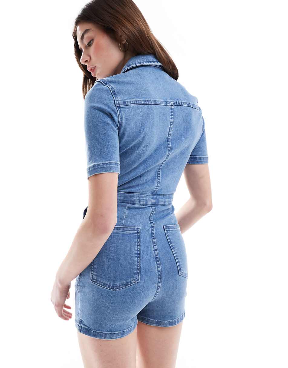 ASOS DESIGN denim short sleeve romper with zip up in midwash blue