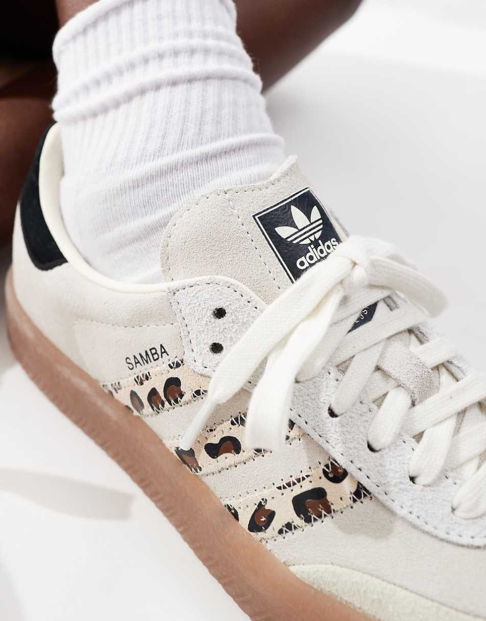 adidas Originals Sambae sneakers in off white with leopard print stripe