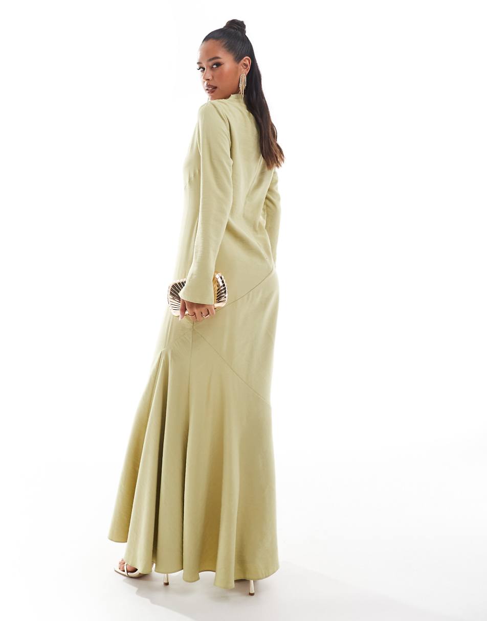 ASOS DESIGN high neck satin maxi dress with seam detail in soft lime