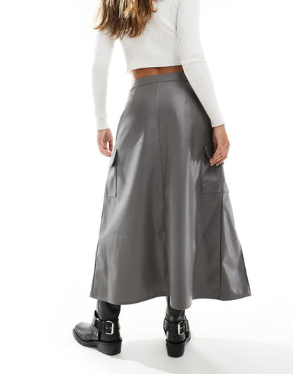 ASOS DESIGN faux leather pocket detail pleated midi skirt in gray