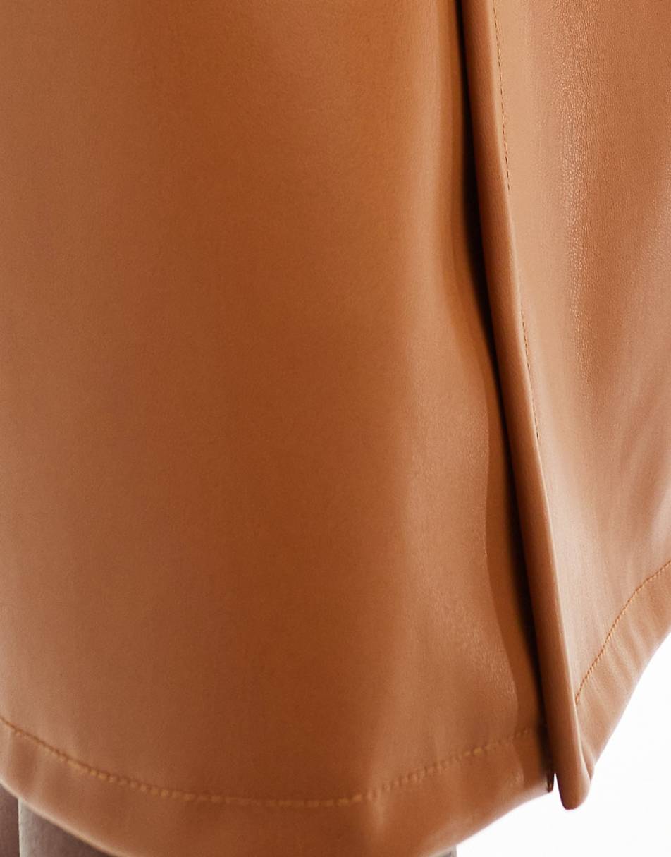 ASOS DESIGN faux leather split front midi skirt in tan