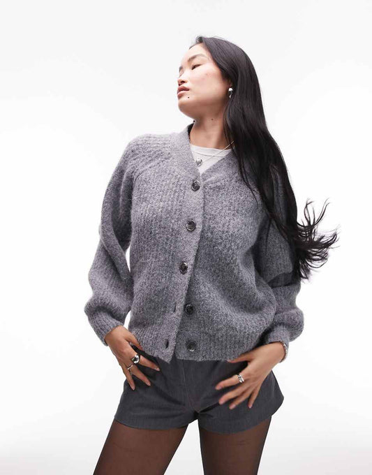 Topshop knitted high v-neck fluffy cardigan in charcoal