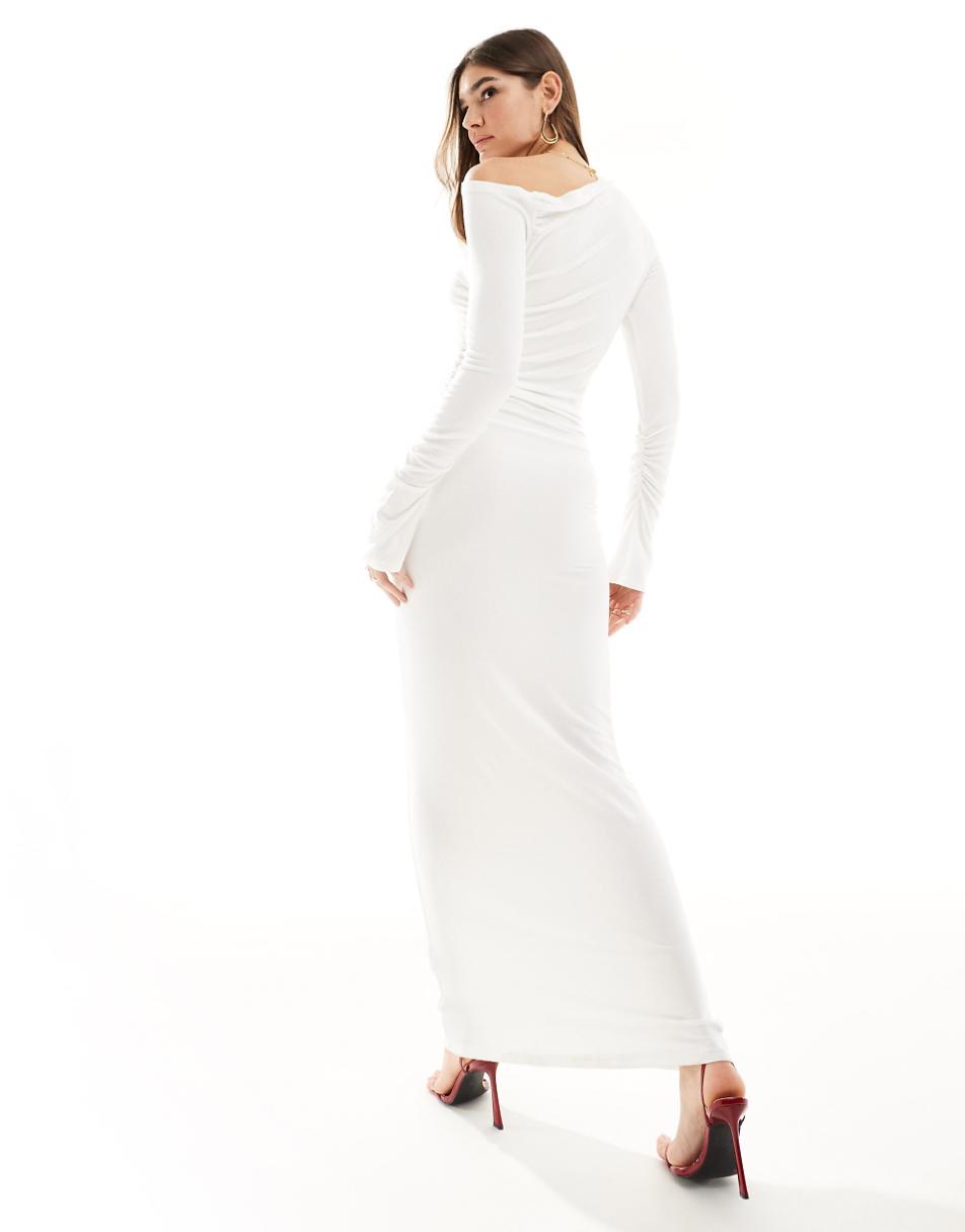 SNDYS fine ribbed off shoulder ruched detail maxi dress in white