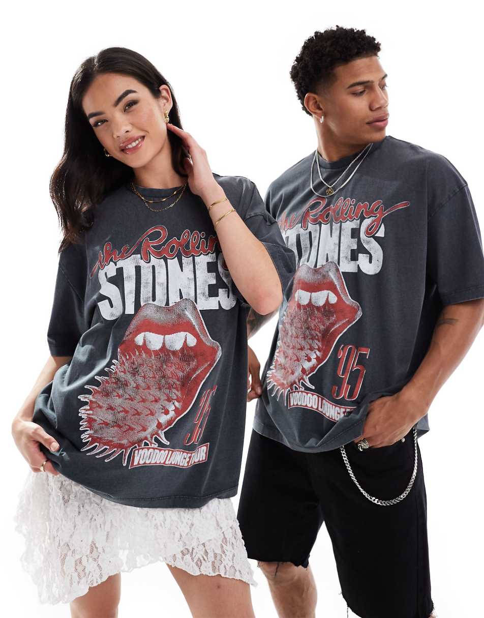 ASOS DESIGN unisex oversized licensed T-shirt with The Rolling Stones tour print in washed black