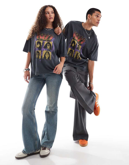 ASOS DESIGN unisex oversized licensed T-shirt with KISS band print in washed black