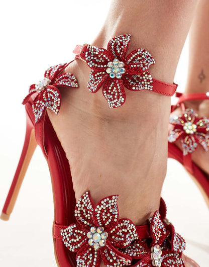 Azalea Wang Romi high heeled sandals with embellished flowers in red