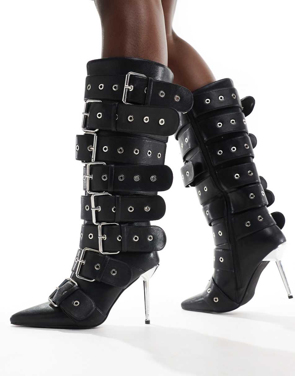 Azalea Wang Sedna buckle knee boots in black