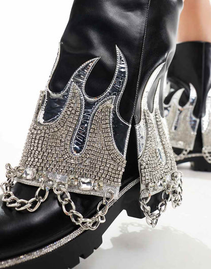Azalea Wang Florentine silver flame embellished chunky foldover boots in black