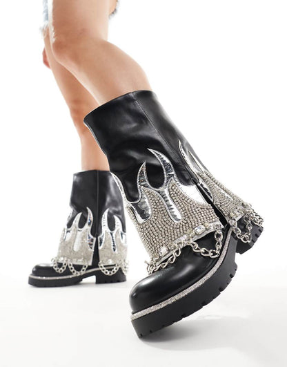 Azalea Wang Florentine silver flame embellished chunky foldover boots in black