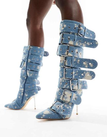 Azalea Wang Sedna buckle knee boots in denim