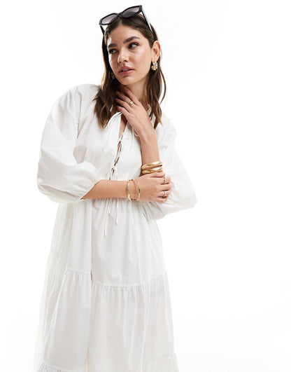 & Other Stories midaxi smock dress with bow bodice detail and volume sleeves in white