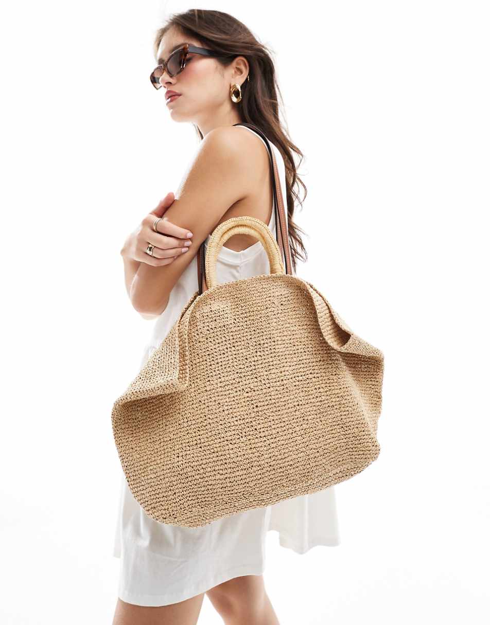 & Other Stories straw tote bag with leather strap in beige