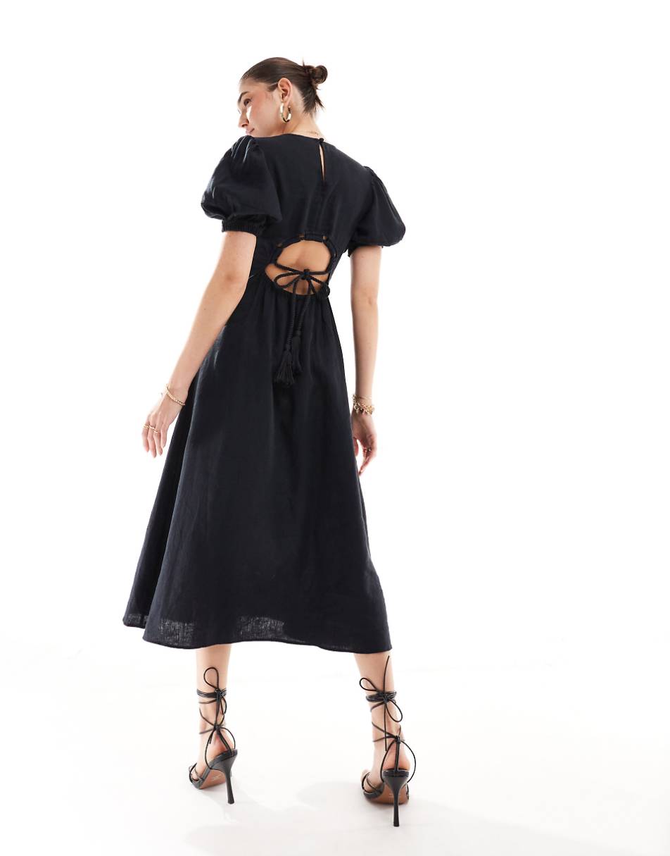 & Other Stories midi dress with volume sleeves and open back detail with tassels in black