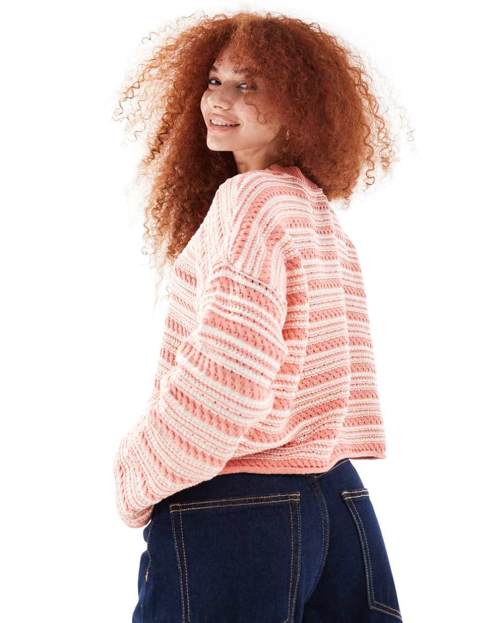 ASOS DESIGN cropped crew neck stitch sweater in peach stripe