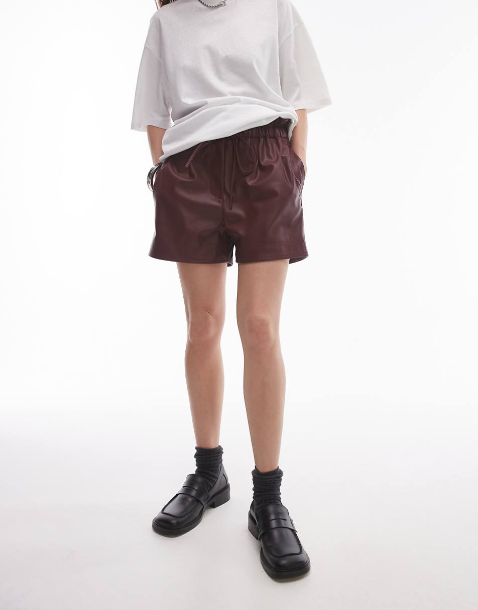 Topshop faux leather paperbag shorts in oxblood