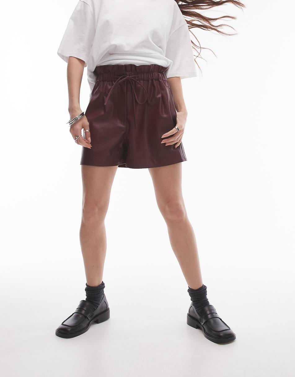 Topshop faux leather paperbag shorts in oxblood