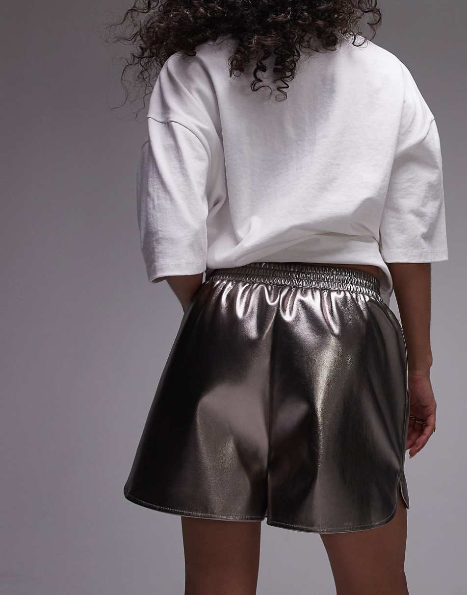 Topshop faux leather runner short in gunmetal