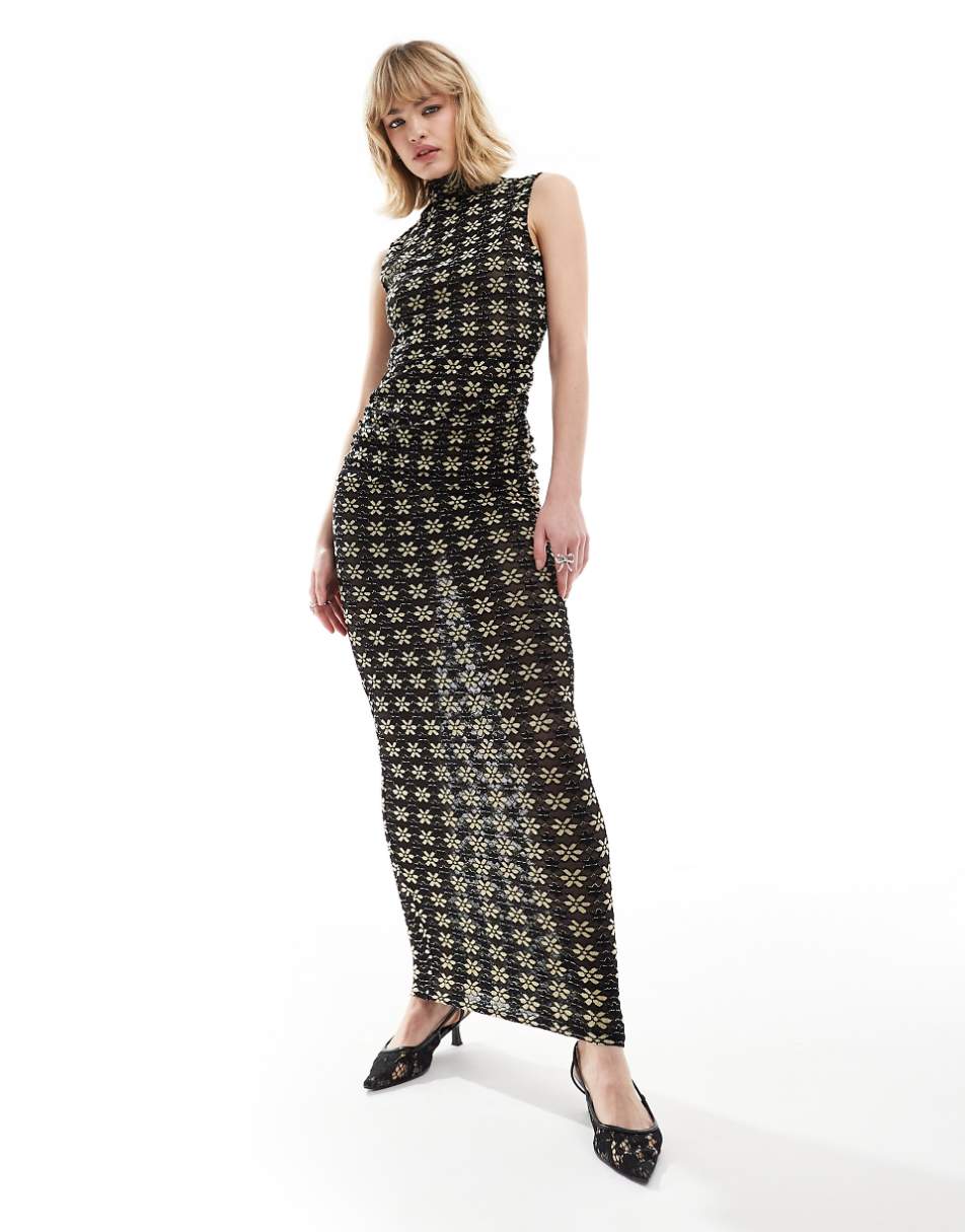 Lioness mesh sleeveless high neck maxi dress in black flower print