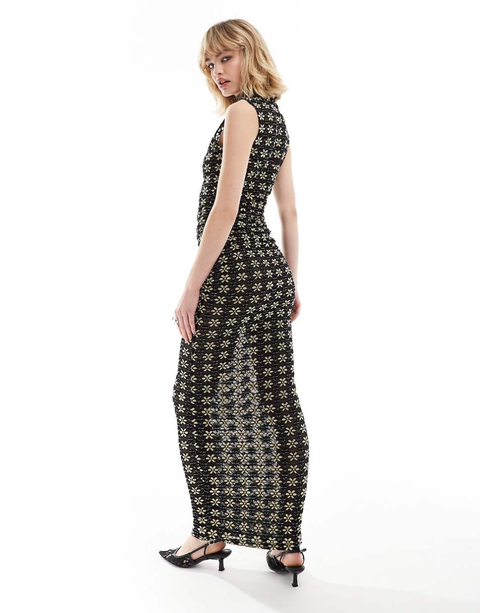 Lioness mesh sleeveless high neck maxi dress in black flower print