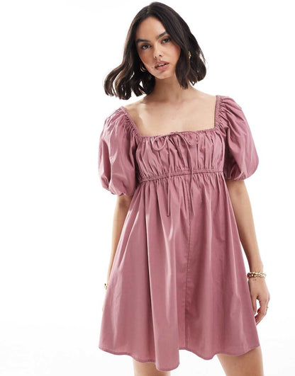 ASOS DESIGN puffed sleeve smock mini dress in rose