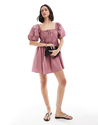 ASOS DESIGN puffed sleeve smock mini dress in rose