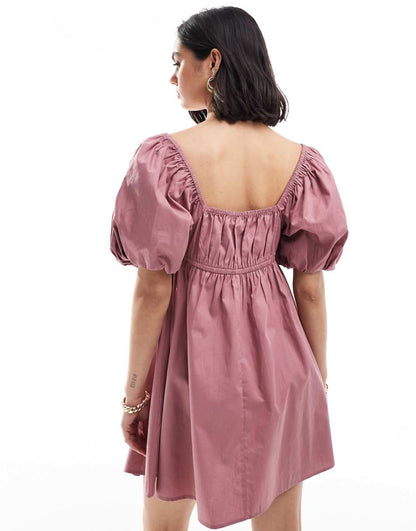ASOS DESIGN puffed sleeve smock mini dress in rose