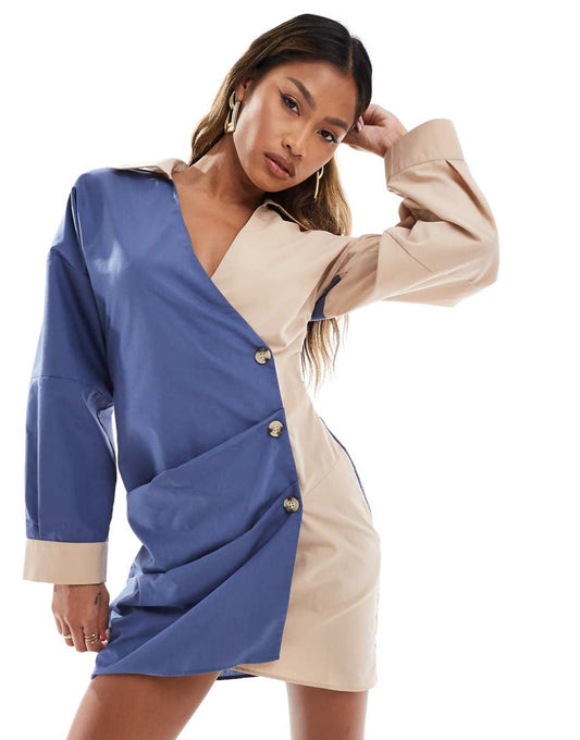 ASOS DESIGN asymmetric half wrap shirt dress with front button detail in tan and navy