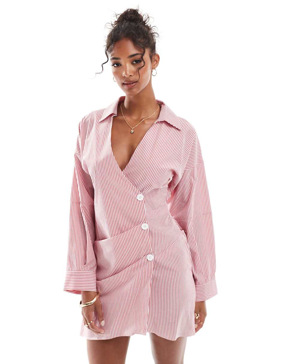 ASOS DESIGN asymmetric half wrap shirt with front button detail in cut about stripe