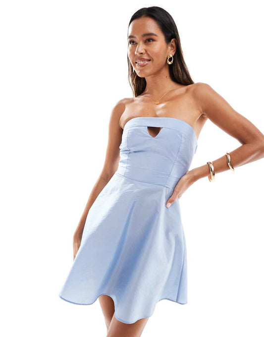 ASOS DESIGN nylon bandeau mini dress with cut out detail in light blue