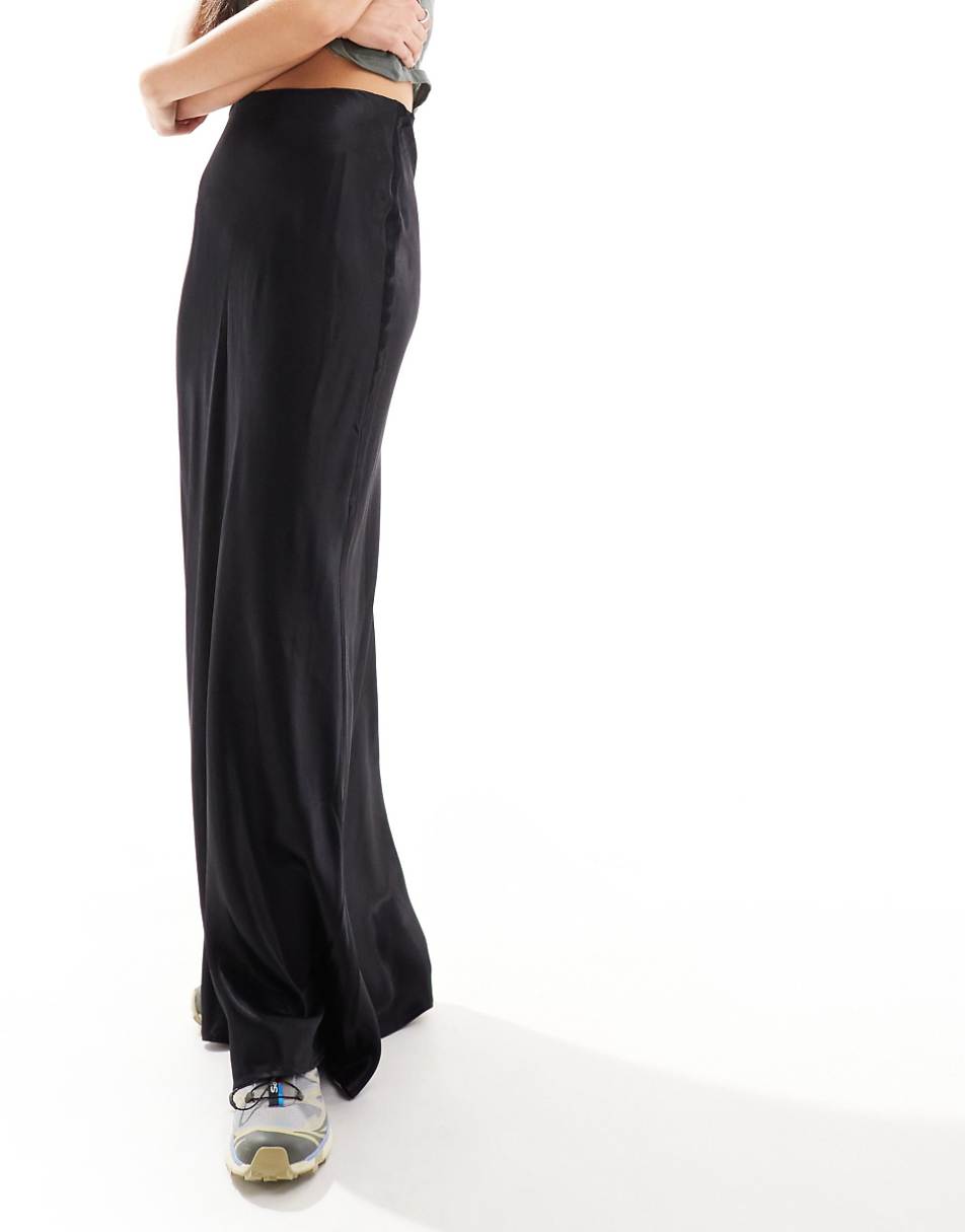 Stradivarius satin maxi skirt in black