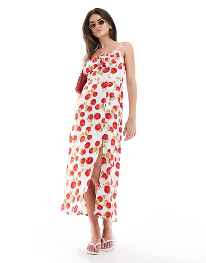 Miss Selfridge corset detail strappy maxi slip dress in fruit print
