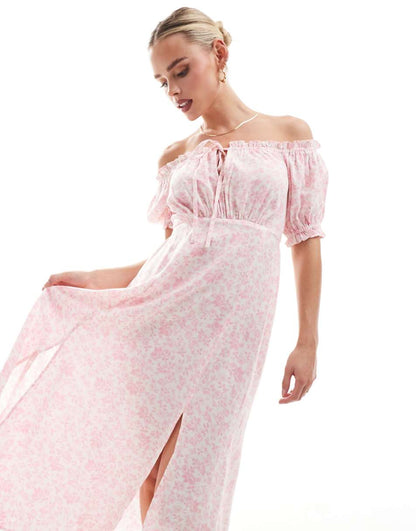 Miss Selfridge Petite puff sleeve off the shoulder maxi dress in pink floral