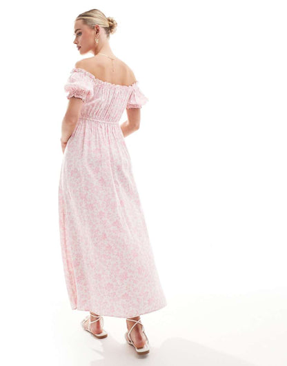 Miss Selfridge Petite puff sleeve off the shoulder maxi dress in pink floral