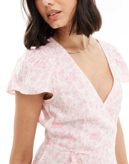 Miss Selfridge wrap mini tea dress in pink floral