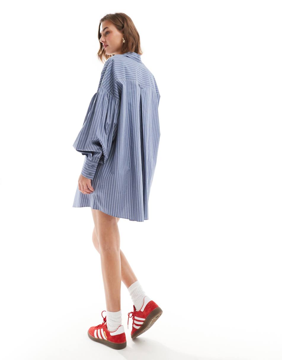 ASOS DESIGN boyfriend shirt mini dress with blouson sleeve in blue pinstripe