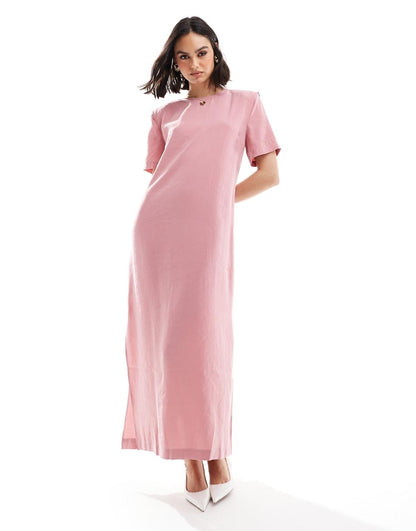 ASOS DESIGN shoulder pad T-shirt midi dress in dusky rose