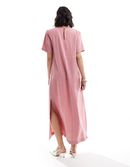 ASOS DESIGN shoulder pad T-shirt midi dress in dusky rose