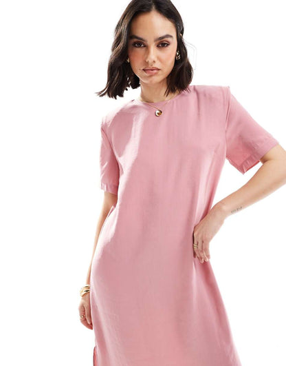 ASOS DESIGN shoulder pad T-shirt midi dress in dusky rose