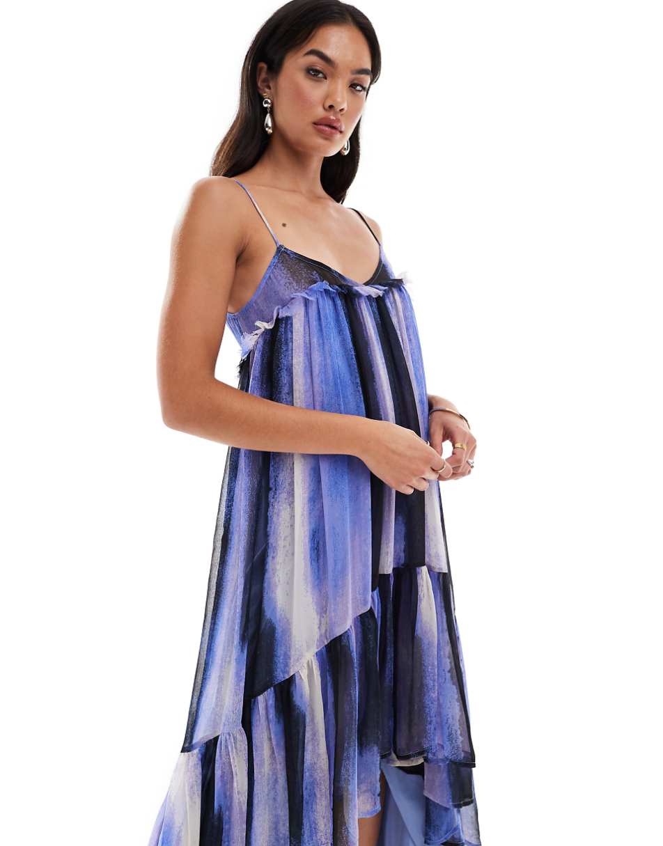 ASOS DESIGN chiffon trapeze maxi dress with raw edge in stripe print