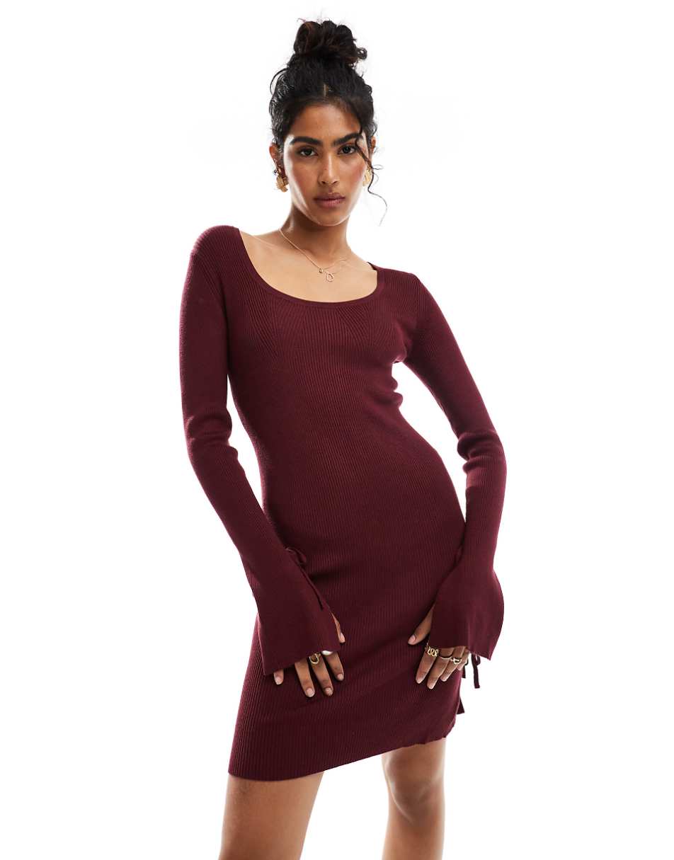 ASOS DESIGN knitted scoop neck mini dress with tie detail in burgundy