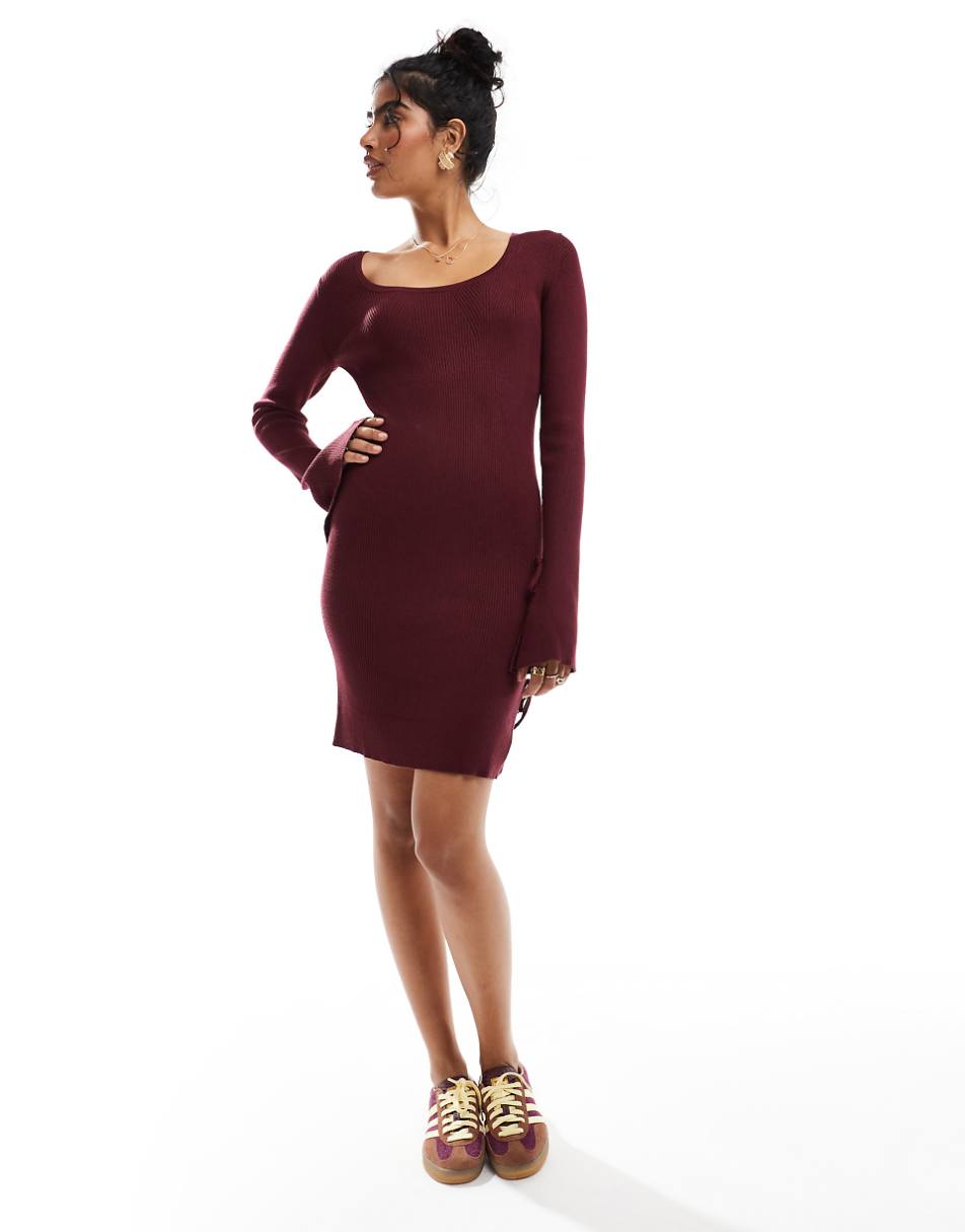 ASOS DESIGN knitted scoop neck mini dress with tie detail in burgundy