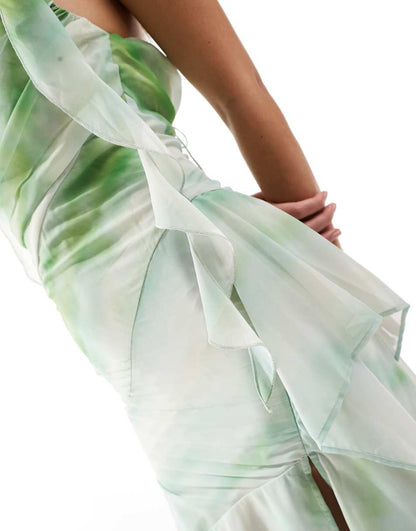 ASOS DESIGN tendril drape asymmetric cami dress with seam details in green watercolor stripe
