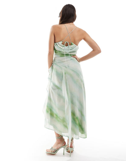 ASOS DESIGN tendril drape asymmetric cami dress with seam details in green watercolor stripe