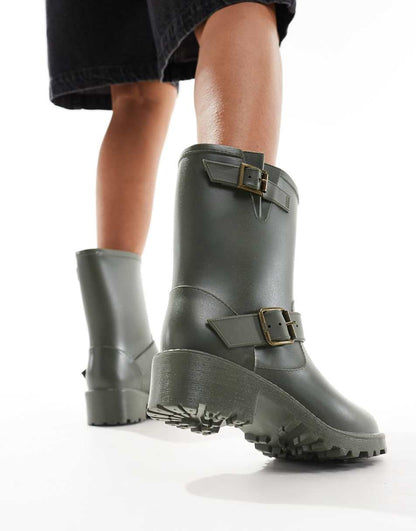 Glamorous biker rubber boots in khaki