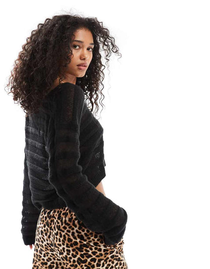Miss Selfridge thick and thin knit V neck sweater in black